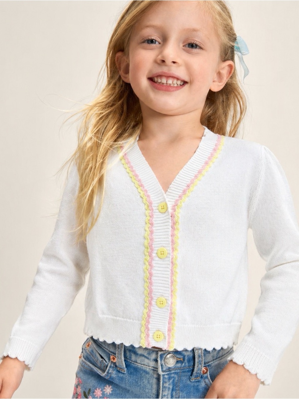 Stella McCartney Kids Ribbed V-neck White Pastel-Trim Cotton Cardigan‎ Size 10